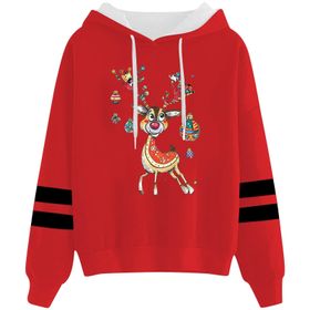 Generisch Noel Baskılı 2025 Kapüşonlu Uzun Kollu Gündelik A-Kırmızı Kadın Sweatshirt