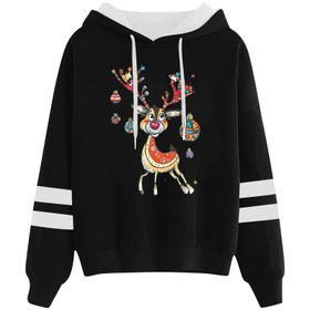 Generisch Noel Baskılı 2025 Kapüşonlu Uzun Kollu Gündelik A-Siyah Kadın Sweatshirt