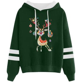 Generisch Noel Baskılı 2025 Kapüşonlu Uzun Kollu Gündelik A-Yeşil Kadın Sweatshirt