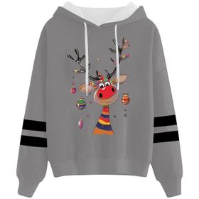 Generisch Noel Baskılı 2025 Kapüşonlu Uzun Kollu Gündelik B-Gri Kadın Sweatshirt