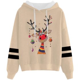 Generisch Noel Baskılı 2025 Kapüşonlu Uzun Kollu Gündelik B-Haki Kadın Sweatshirt