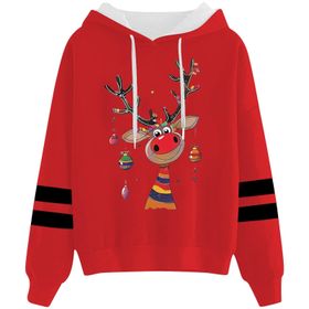 Generisch Noel Baskılı 2025 Kapüşonlu Uzun Kollu Gündelik B-Kırmızı Kadın Sweatshirt