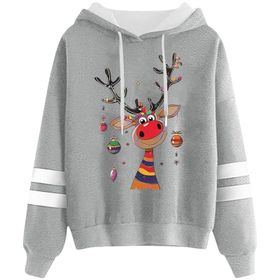 Generisch Noel Baskılı 2025 Kapüşonlu Uzun Kollu Gündelik B-Light Gri Kadın Sweatshirt