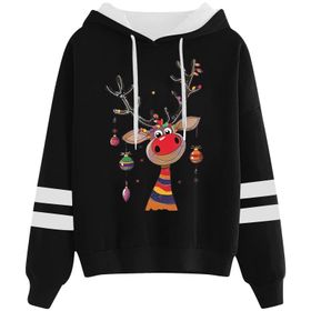 Generisch Noel Baskılı 2025 Kapüşonlu Uzun Kollu Gündelik B-Siyah Kadın Sweatshirt