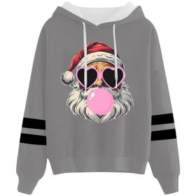 Generisch Noel Baskılı 2025 Kapüşonlu Uzun Kollu Gündelik C-Gri Kadın Sweatshirt