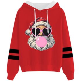 Generisch Noel Baskılı 2025 Kapüşonlu Uzun Kollu Gündelik C-Kırmızı Kadın Sweatshirt