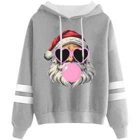 Generisch Noel Baskılı 2025 Kapüşonlu Uzun Kollu Gündelik C-Light Gri Kadın Sweatshirt