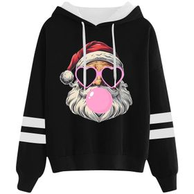 Generisch Noel Baskılı 2025 Kapüşonlu Uzun Kollu Gündelik C-Siyah Kadın Sweatshirt