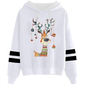 Generisch Noel Baskılı 2025 Kapüşonlu Uzun Kollu Gündelik D-Beyaz Kadın Sweatshirt