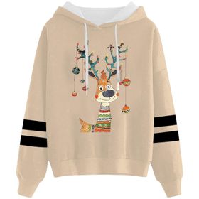 Generisch Noel Baskılı 2025 Kapüşonlu Uzun Kollu Gündelik D-Haki Kadın Sweatshirt