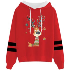 Generisch Noel Baskılı 2025 Kapüşonlu Uzun Kollu Gündelik D-Kırmızı Kadın Sweatshirt