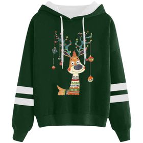 Generisch Noel Baskılı 2025 Kapüşonlu Uzun Kollu Gündelik D-Yeşil Kadın Sweatshirt
