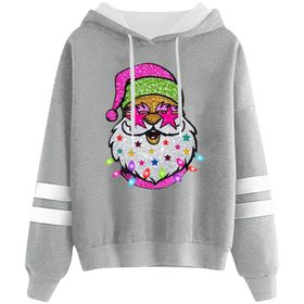 Generisch Noel Baskılı 2025 Kapüşonlu Uzun Kollu Gündelik E-Açık Gri Kadın Sweatshirt