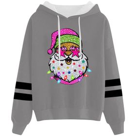 Generisch Noel Baskılı 2025 Kapüşonlu Uzun Kollu Gündelik E-Gri Kadın Sweatshirt