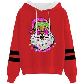 Generisch Noel Baskılı 2025 Kapüşonlu Uzun Kollu Gündelik E-Kırmızı Kadın Sweatshirt