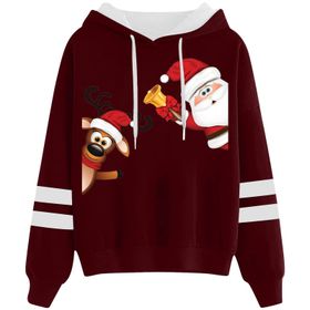 Generisch Noel Baskılı 2025 Kapüşonlu Uzun Kollu Gündelik Kırmızı 2 Kadın Sweatshirt