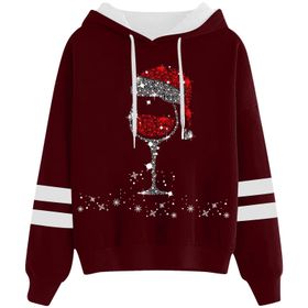 Generisch Noel Baskılı 2025 Kapüşonlu Uzun Kollu Gündelik Kırmızı 3 Kadın Sweatshirt