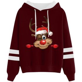 Generisch Noel Baskılı 2025 Kapüşonlu Uzun Kollu Gündelik Kırmızı 4 Kadın Sweatshirt