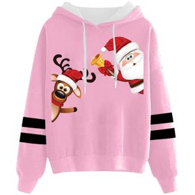 Generisch Noel Baskılı 2025 Kapüşonlu Uzun Kollu Gündelik Pembe 2 Kadın Sweatshirt