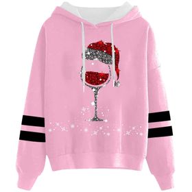 Generisch Noel Baskılı 2025 Kapüşonlu Uzun Kollu Gündelik Pembe 3 Kadın Sweatshirt