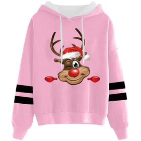 Generisch Noel Baskılı 2025 Kapüşonlu Uzun Kollu Gündelik Pembe 4 Kadın Sweatshirt
