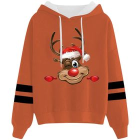 Generisch Noel Baskılı 2025 Kapüşonlu Uzun Kollu Gündelik Turuncu 4 Kadın Sweatshirt