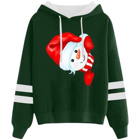 Generisch Noel Baskılı 2025 Kapüşonlu Uzun Kollu Gündelik Yeşil 1 Kadın Sweatshirt