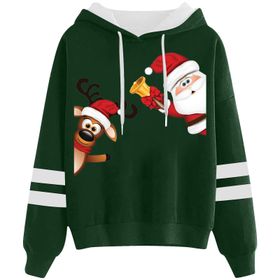 Generisch Noel Baskılı 2025 Kapüşonlu Uzun Kollu Gündelik Yeşil 2 Kadın Sweatshirt