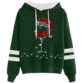 Generisch Noel Baskılı 2025 Kapüşonlu Uzun Kollu Gündelik Yeşil 3 Kadın Sweatshirt