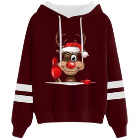 Generisch Noel Baskılı 2025 Kapüşonlu Uzun Kollu Kırmızı-2 Kadın Sweatshirt