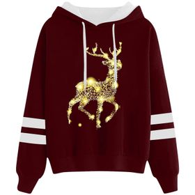 Generisch Noel Baskılı 2025 Kapüşonlu Uzun Kollu Kırmızı-3 Kadın Sweatshirt