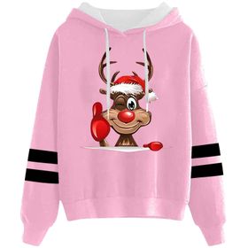 Generisch Noel Baskılı 2025 Kapüşonlu Uzun Kollu Pembe-2 Kadın Sweatshirt