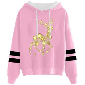 Generisch Noel Baskılı 2025 Kapüşonlu Uzun Kollu Pembe-3 Kadın Sweatshirt