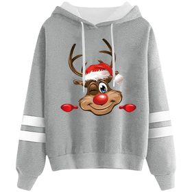 Generisch Noel Baskılı 2025 Kapüşonlu Uzun Kollu Zarif Gündelik Açık Gri 4 Kadın Sweatshirt