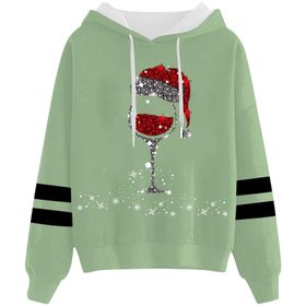 Generisch Noel Baskılı 2025 Kapüşonlu Uzun Kollu Zarif Gündelik Açık Yeşil 3 Kadın Sweatshirt