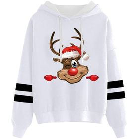 Generisch Noel Baskılı 2025 Kapüşonlu Uzun Kollu Zarif Gündelik Beyaz 4 Kadın Sweatshirt