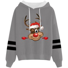 Generisch Noel Baskılı 2025 Kapüşonlu Uzun Kollu Zarif Gündelik Gri 4 Kadın Sweatshirt