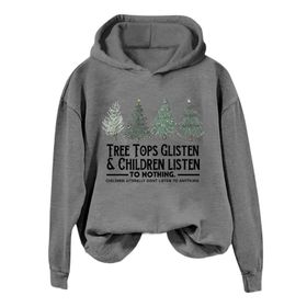 Generisch Noel Baskılı 2025 Kış Kapüşonlu Uzun Kollu Gündelik A-Gri Kadın Sweatshirt