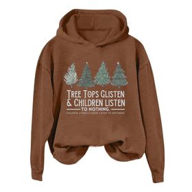 Generisch Noel Baskılı 2025 Kış Kapüşonlu Uzun Kollu Gündelik A-Kahverengi Kadın Sweatshirt