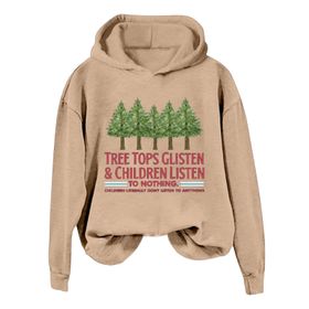 Generisch Noel Baskılı 2025 Kış Kapüşonlu Uzun Kollu Gündelik C-Haki Kadın Sweatshirt