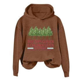 Generisch Noel Baskılı 2025 Kış Kapüşonlu Uzun Kollu Gündelik C-Kahverengi Kadın Sweatshirt