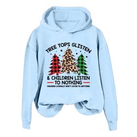 Generisch Noel Baskılı 2025 Kış Kapüşonlu Uzun Kollu Gündelik D-Açık Mavi Kadın Sweatshirt