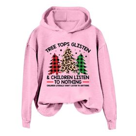 Generisch Noel Baskılı 2025 Kış Kapüşonlu Uzun Kollu Gündelik D-Pembe Kadın Sweatshirt