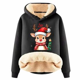 Generisch Noel Baskılı 2025 Kış Kapüşonlu Zarif Uzun Kollu Gündelik A-Siyah Kadın Sweatshirt