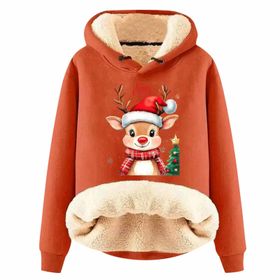 Generisch Noel Baskılı 2025 Kış Kapüşonlu Zarif Uzun Kollu Gündelik A-Turuncu Kadın Sweatshirt