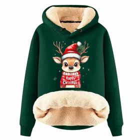 Generisch Noel Baskılı 2025 Kış Kapüşonlu Zarif Uzun Kollu Gündelik B-Koyu Yeşil Kadın Sweatshirt