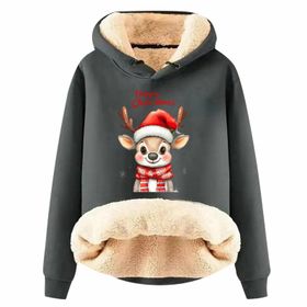 Generisch Noel Baskılı 2025 Kış Kapüşonlu Zarif Uzun Kollu Gündelik D-Gri Kadın Sweatshirt