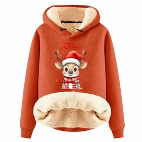 Generisch Noel Baskılı 2025 Kış Kapüşonlu Zarif Uzun Kollu Gündelik D-Turuncu Kadın Sweatshirt
