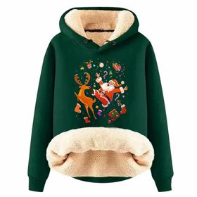 Generisch Noel Baskılı 2025 Kış Kapüşonlu Zarif Uzun Kollu Gündelik E-Koyu Yeşil Kadın Sweatshirt