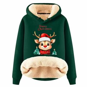 Generisch Noel Baskılı 2025 Kış Kapüşonlu Zarif Uzun Kollu Gündelik F-Koyu Yeşil Kadın Sweatshirt